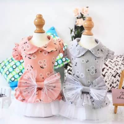 Manufacturer wholesale pink grey sun flower hand made dog dress with bowknot